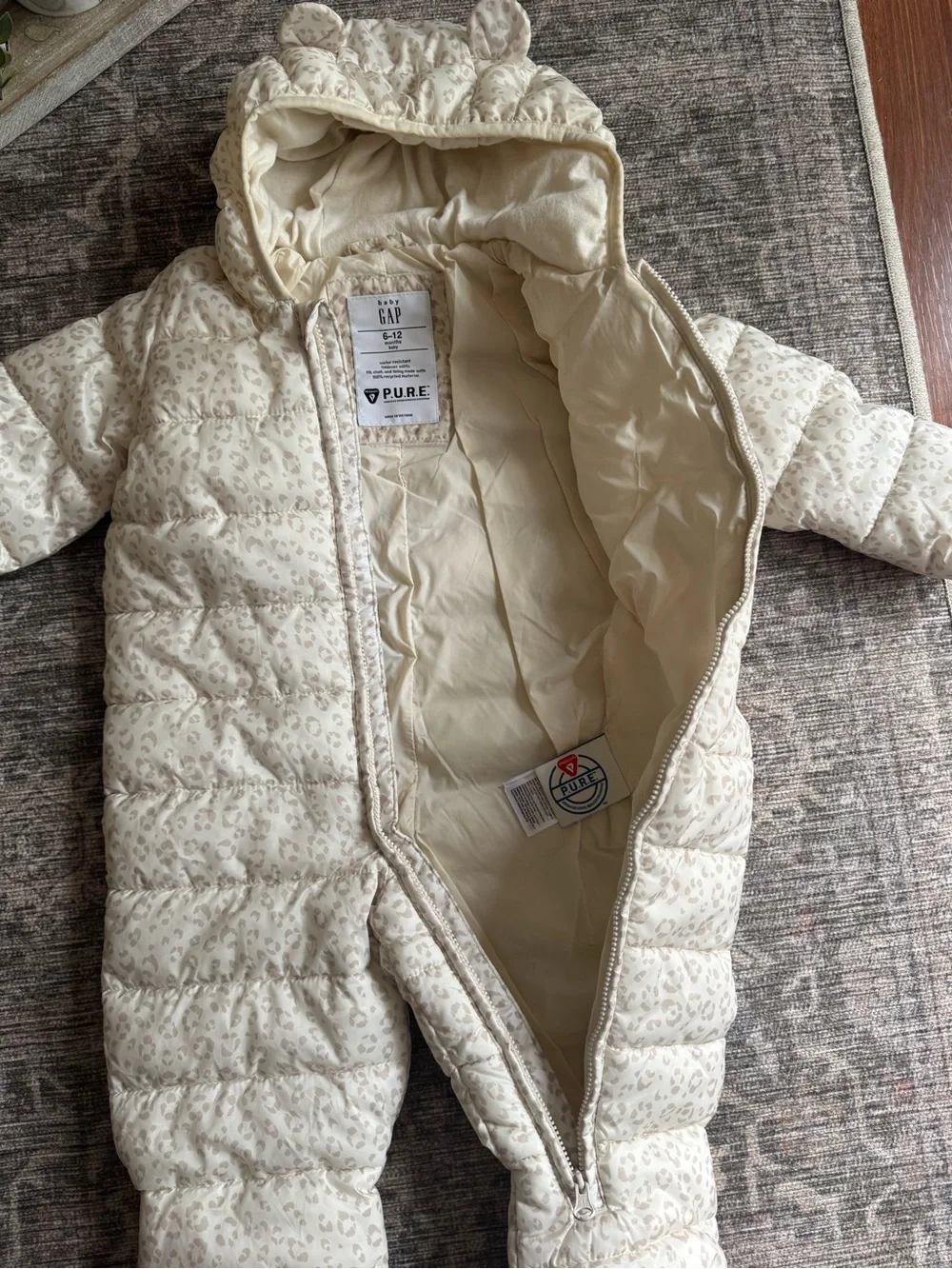 GAP Baby Water-Resistant Hooded Puffer Snowsuit | 6–12 Months | Leopard Print